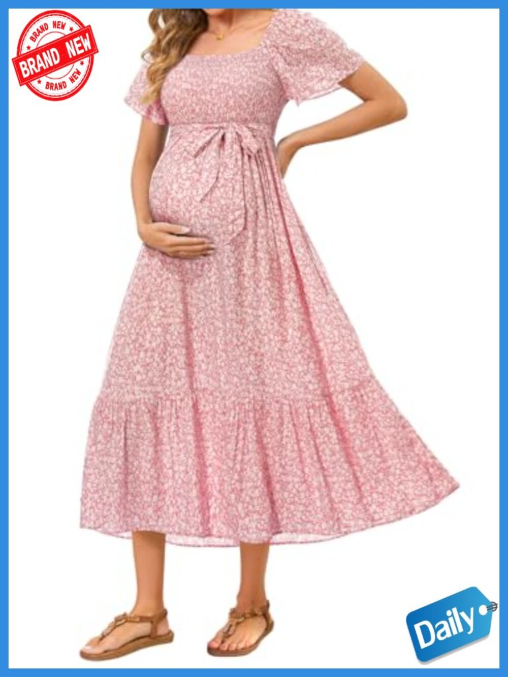 Maternity Flowy Smocked Midi Dress Square Neck Flutter Sleeve Baby Shower